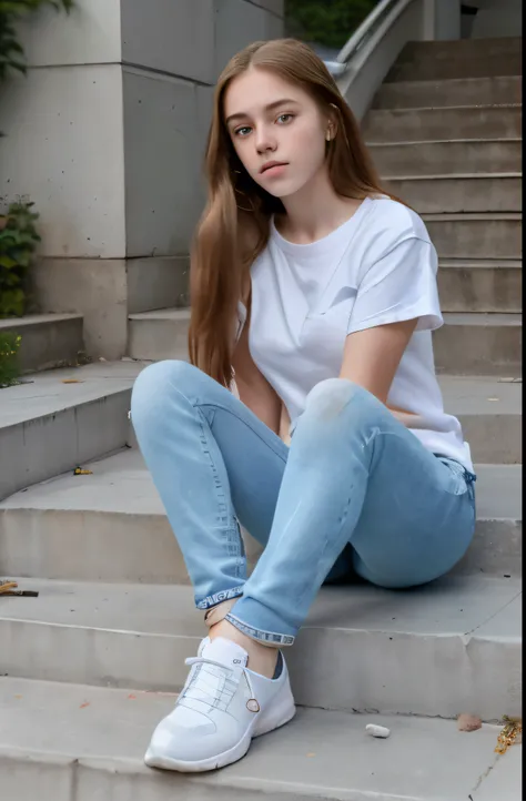 girl 18 years old, long hair, Light eyes, Jeans, White T-shirt, beautiful girl, очень beautiful girl, full height, White running shoes, Sitting on the steps