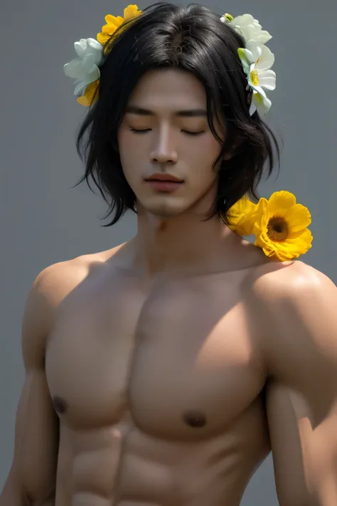 best quality,masterpiece,Ultra high detail,A handsome muscular man,Short black hair,topless,(Flowers on the shoulder), With flowers in his black micro thong, flowers covered around his head, eyes are closed, covered, eyes are blindfolded with black cloth, ...