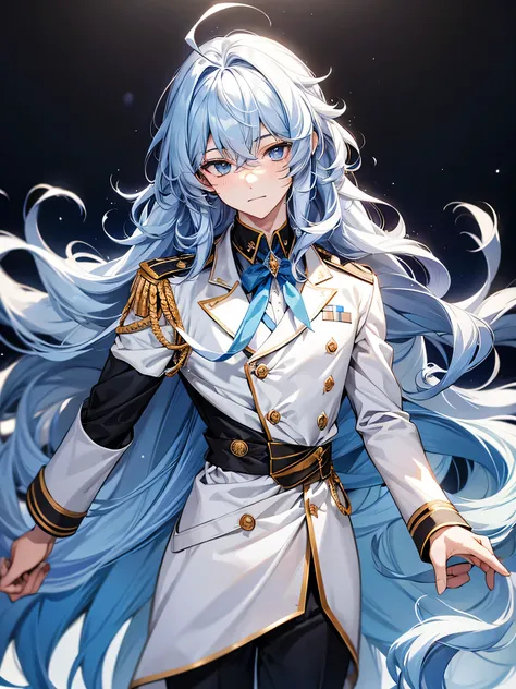 Light blue long hair，Curly hair，Ahoge，Handsome，18-year-old，uniform，student，Beautiful boy，Background white