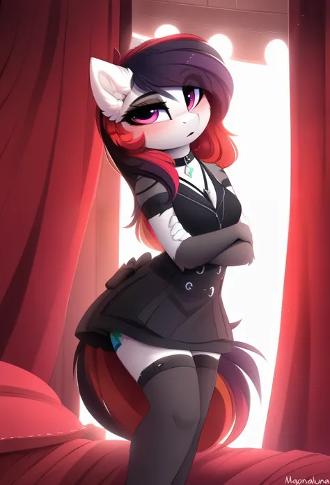 score_9, score_8_up, score_7_up, source_furry, rating_safe, by magnaluna, rainbow_dash_(mlp) posing seductively in a goth bedroom, anthro, blushing, fullbody, full body