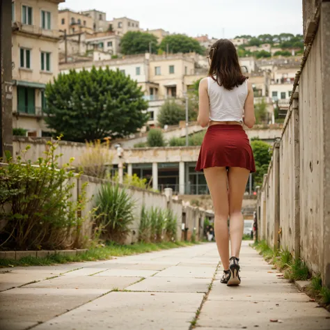 (YES SFW), [woman wears a long red skirt, skirt lift. White panties. Bottom view. anamr, solo woman, full body], city of Matera landscape, (sassi_di_matera in background), (YES SFW), blurry background, depth of field, motion blur, (YES SFW)