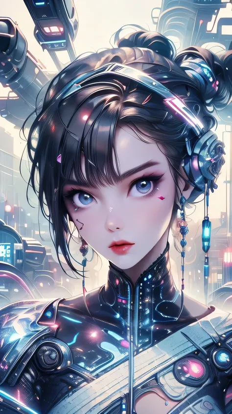 (best quality,4k,highres,masterpiece:1.2),ultra-detailed,realistic,cyberpunk,sexy ai woman,beautiful detailed eyes,beautiful detailed lips,longeyelashes,curves,provocative pose,katana,holographic background,vibrant colors,shiny metallic outfit,glowing neon...