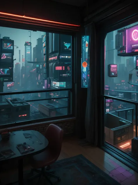 Generate a cozy and peaceful interior with a large window directly across from the camera. Through the window is a massive (((cyberpunk cityscape))) with (neon lights), highly detailed buildings, and colorful accents. The window and cityscape are important...