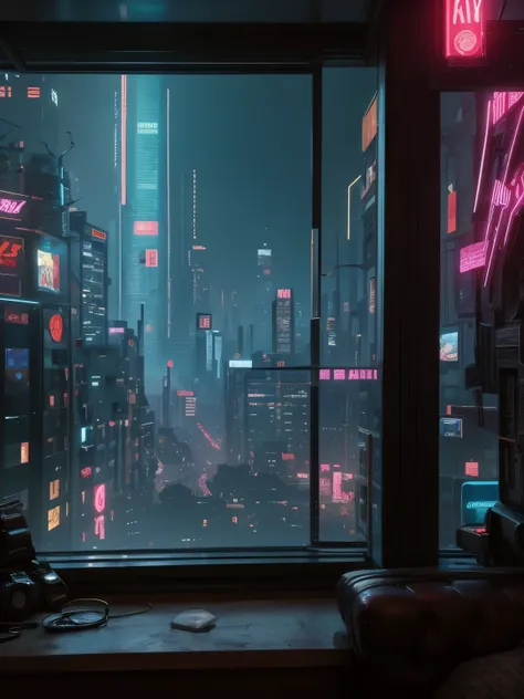 Generate a cozy and peaceful interior with a large window directly across from the camera. Through the window is a massive (((cyberpunk cityscape))) with (neon lights), highly detailed buildings, and colorful accents. The window and cityscape are important...