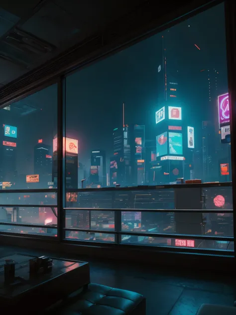 Generate a cozy and peaceful interior with a large window directly across from the camera. Through the window is a massive (((cyberpunk cityscape))) with (neon lights), highly detailed buildings, and colorful accents. The window and cityscape are important...