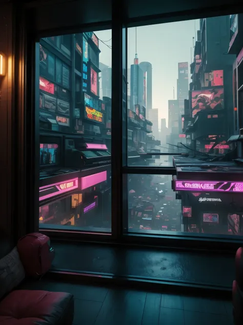 Generate a cozy and peaceful interior with a large window directly across from the camera. Through the window is a massive (((cyberpunk cityscape))) with (neon lights), highly detailed buildings, and colorful accents. The window and cityscape are important...