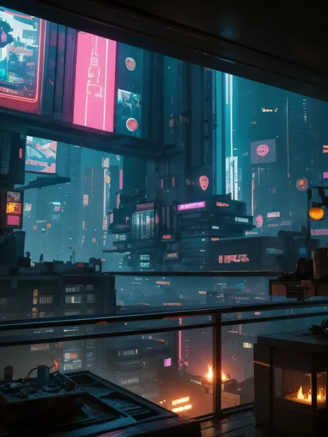 Generate a (cozy and peaceful interior) with a large window directly across from the camera. Through the window is a massive (((cyberpunk cityscape))) with (neon lights), highly detailed buildings, and colorful accents. The window and cityscape are importa...