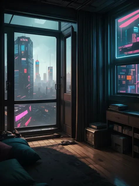 Generate a cozy and peaceful interior with a large window directly across from the camera. Through the window is a massive (((cyberpunk cityscape))) with (neon lights), highly detailed buildings, and colorful accents. The window and cityscape are important...