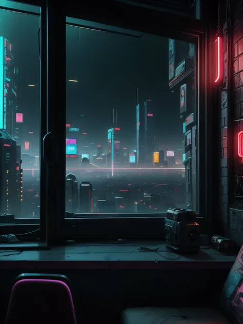 Generate a cozy and peaceful interior with a large window directly across from the camera. Through the window is a massive (((cyberpunk cityscape))) with (neon lights), highly detailed buildings, and colorful accents. The window and cityscape are important...