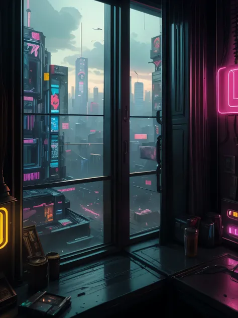 Generate a cozy and peaceful interior with a large window directly across from the camera. Through the window is a massive (((cyberpunk cityscape))) with (neon lights), highly detailed buildings, and colorful accents. The window and cityscape are important...