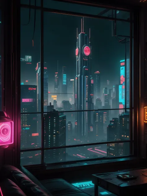 Generate a cozy and peaceful interior with a large window directly across from the camera. Through the window is a massive (((cyberpunk cityscape))) with (neon lights), highly detailed buildings, and colorful accents. The window and cityscape are important...
