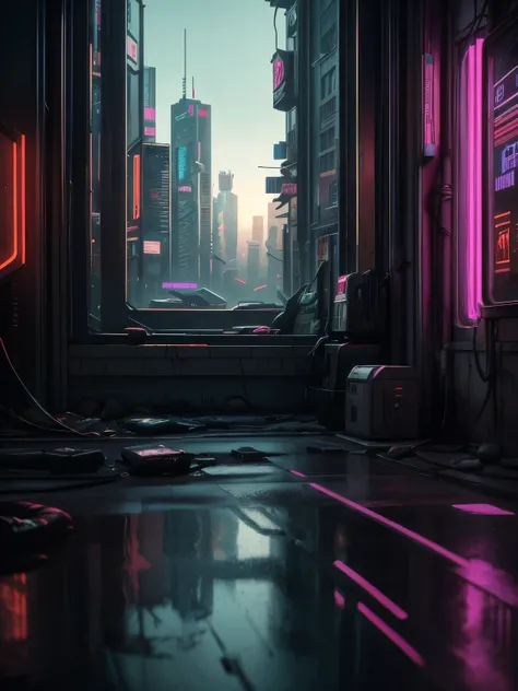 Generate a cozy and peaceful interior with a large window directly across from the camera. Through the window is a massive (((cyberpunk cityscape))) with (neon lights), highly detailed buildings, and colorful accents. The window and cityscape are important...
