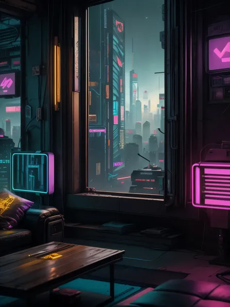 Generate a cozy and peaceful interior with a large window directly across from the camera. Through the window is a massive (((cyberpunk cityscape))) with (neon lights), highly detailed buildings, and colorful accents. The window and cityscape are important...