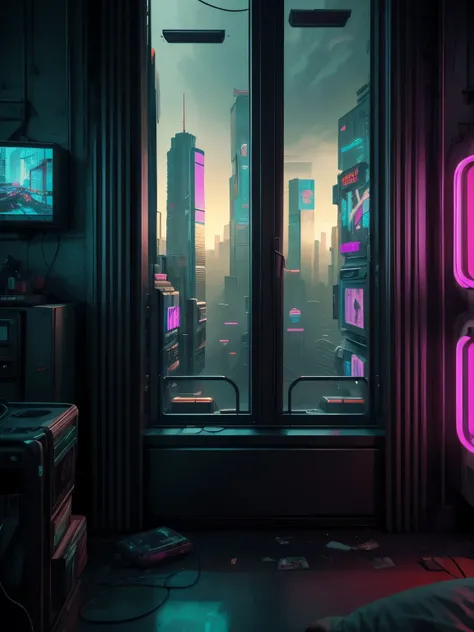 Generate a cozy and peaceful interior with a large window directly across from the camera. Through the window is a massive (((cyberpunk cityscape))) with (neon lights), highly detailed buildings, and colorful accents. The window and cityscape are important...