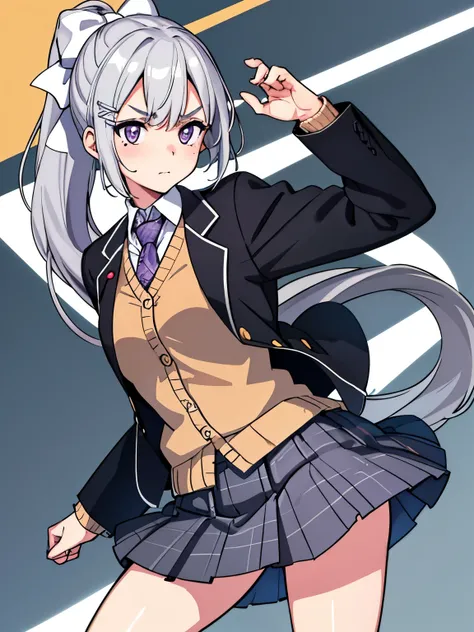 best quality, masterpiece, (dutch angle:1.4), embarrassed, higuchi kaede, 1girl, solo, long hair, mole under eye, purple eyes, ponytail, white bow, hair bow, blazer, purple necktie, hairclip, open clothes, cardigan, , grey hair, black jacket, collared shir...