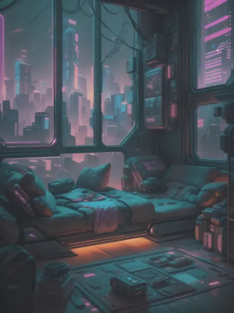 Generate a cozy and peaceful interior with a large window directly across from the camera. Through the window is a massive (((cyberpunk cityscape))) with (neon lights), highly detailed buildings, and colorful accents. The window and cityscape are important...