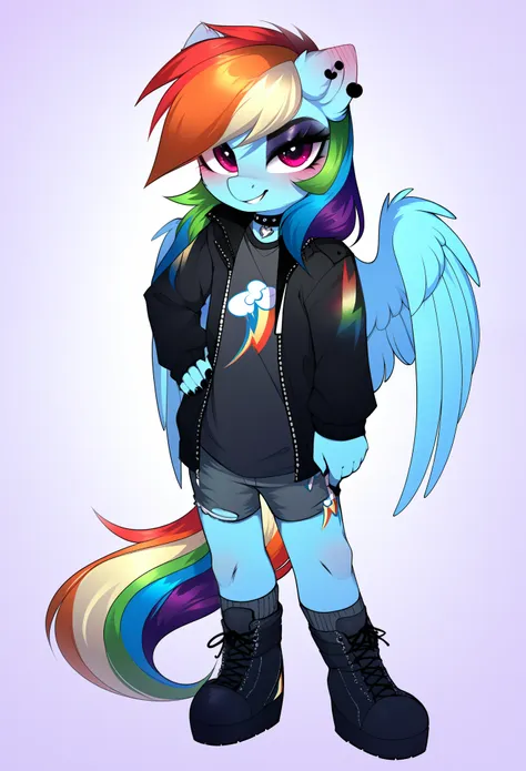 score_9, score_8_up, score_7_up, source_furry, rating_safe, by magnaluna, rainbow_dash_(mlp)  posing seductively in a goth bedro...