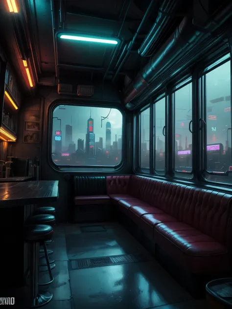 Generate a cozy old-timey diner interior with a large window directly across from the camera. Through the window is a massive (((cyberpunk cityscape))) with (neon lights), highly detailed buildings, and colorful accents. The (window and cityscape are impor...