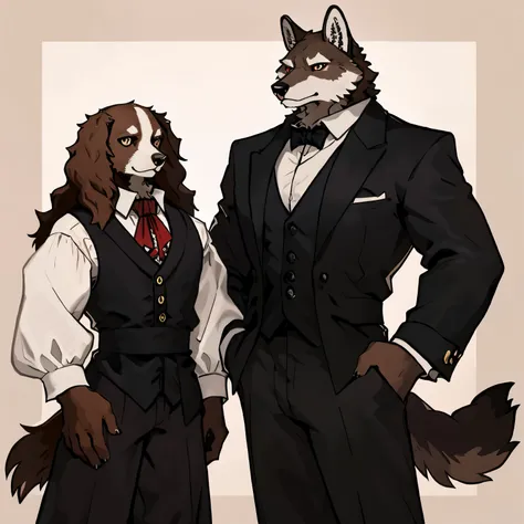 An anthropomorphic male Cocker Spaniel, with red eyes, white and brown fur, and a slim body. He has long hair. He wears a black Victorian-style vest suit with a white button-down blouse underneath and a wine-colored tie with long sleeves and a wine-colored...