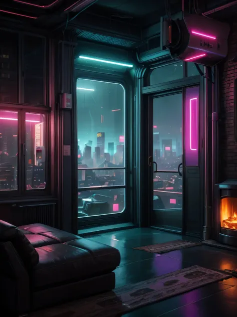 Generate a cozy and peaceful interior with a large window directly across from the camera. Through the window is a massive (((cyberpunk cityscape))) with (neon lights), highly detailed buildings, and colorful accents. The window and cityscape are important...
