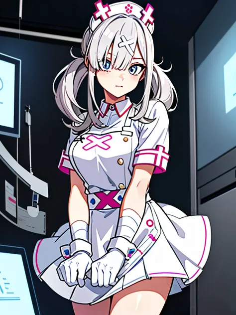 best quality, masterpiece, sk1, white gloves, white apron, short sleeves, nurse, bandaged arm, wrist cuffs, white bikini, (skirt tug:1.3), (in operation room:1.4)