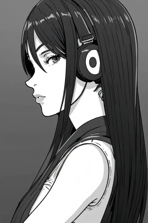 line art, best quality, super fine, monochrome, portrait, profile picture, anime girl, wearing headphones, looking at viewer,