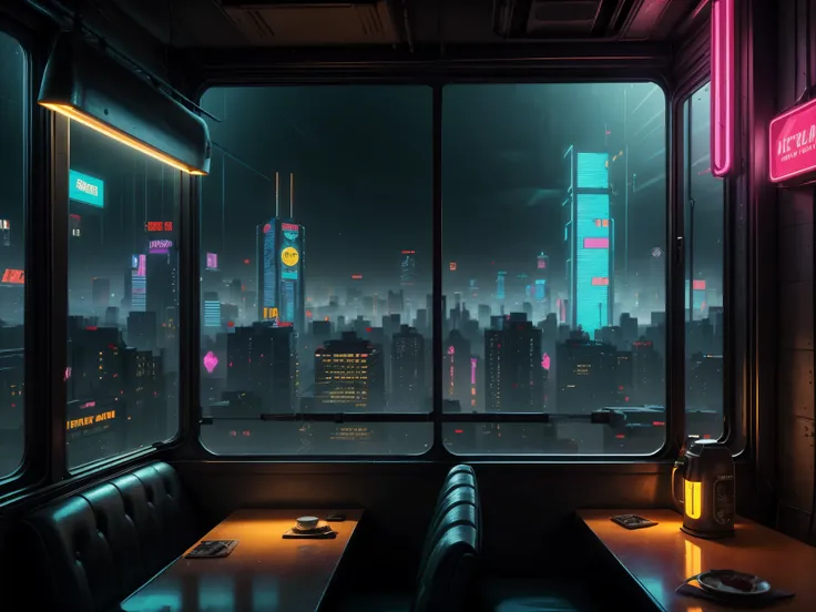 Generate a cozy old-timey diner interior with a large window directly across from the camera. Through the window is a massive (((cyberpunk cityscape))) with (neon lights), highly detailed buildings, and colorful accents. The (window and cityscape are impor...