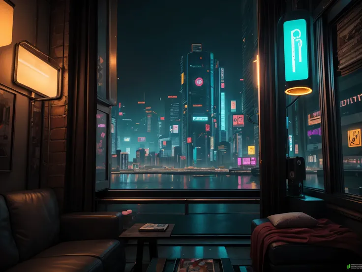 Generate a cozy and peaceful interior with a large window directly across from the camera. Through the window is a massive (((cyberpunk cityscape))) with (neon lights), highly detailed buildings, and colorful accents. The window and cityscape are important...