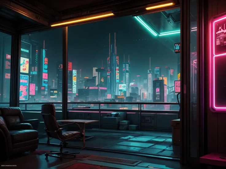 Generate a cozy and peaceful interior with a large window directly across from the camera. Through the window is a massive (((cyberpunk cityscape))) with (neon lights), highly detailed buildings, and colorful accents. The window and cityscape are important...