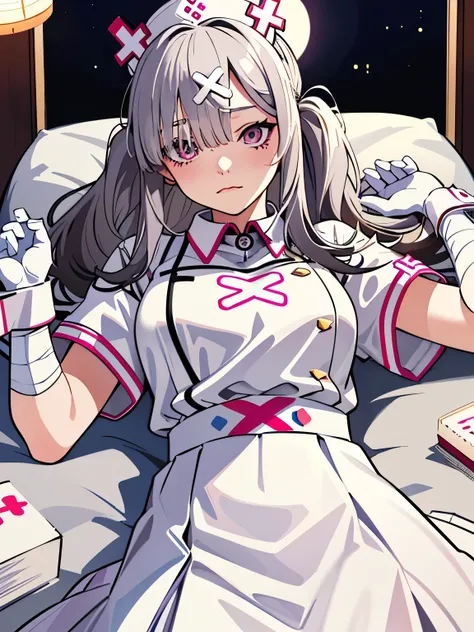 best quality, masterpiece, (lie on own back:1.2), embarrassed, sk1, white gloves, white apron, short sleeves, nurse, bandaged arm, wrist cuffs, white dress, (skirt tug:1.4), (japanese bedroom at night:1.3)