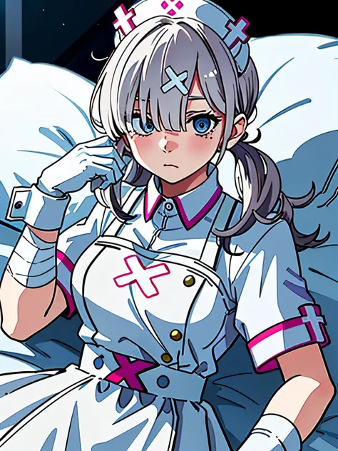 best quality, masterpiece, (lie on own back:1.2), embarrassed, sk1, white gloves, white apron, short sleeves, nurse, bandaged arm, wrist cuffs, white dress, (hospital room at night:1.3)