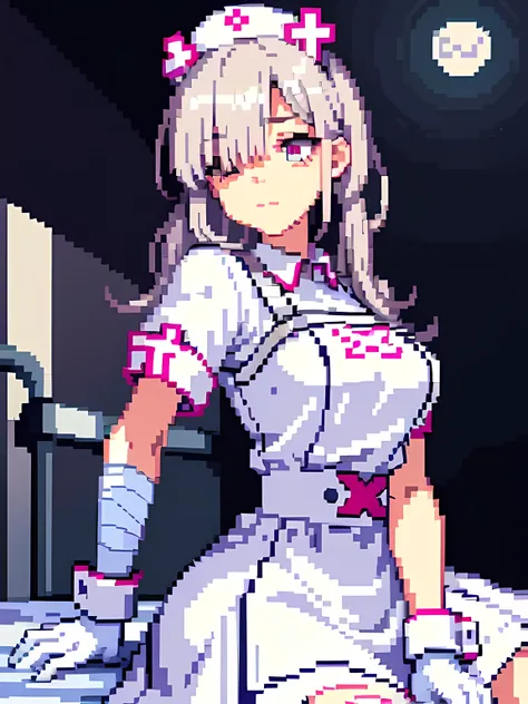 best quality, masterpiece, (pixel art style, lie on own back:1.2), embarrassed, sk1, white gloves, white apron, short sleeves, nurse, bandaged arm, wrist cuffs, white dress, (hospital room at night:1.3)