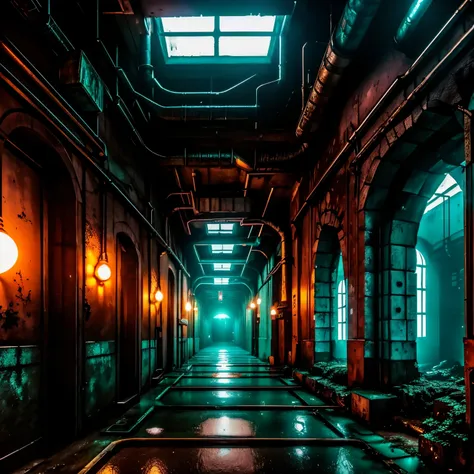 walls covered with metal, fantasy, ivy on the walls, gloomy sci-fi corridor, ruins, metal walls, cyberpunk, neon lamps