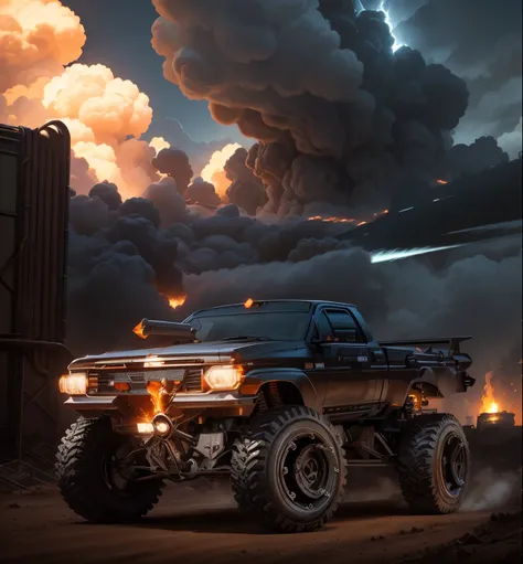 Impressive and powerful metallic truck with various rescue accessories, like shovels and axes, enormes rodas BBS, headlights on and on, in the background buildings and construction of an oil refinery with some jets of fire and flames shooting into the air