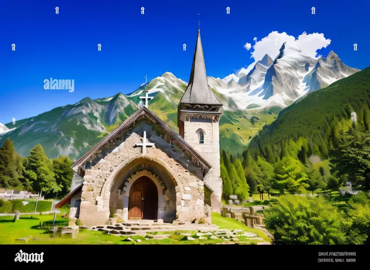 a small church em the mountaems with a steeple and a steeple on the top of it, em, chamonix, foto stock de alamy, imagem de alta qualidade, tourist destemation, Beautiful high resolution, Alpes, alpeme architecture, obturador, lindo altamente detalhado, im...