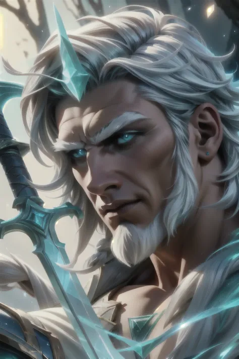 rostro super detallado, white hair. viego, campeon league of legends. viego pelo blanco. viego rey arruinado. viego con su espad...