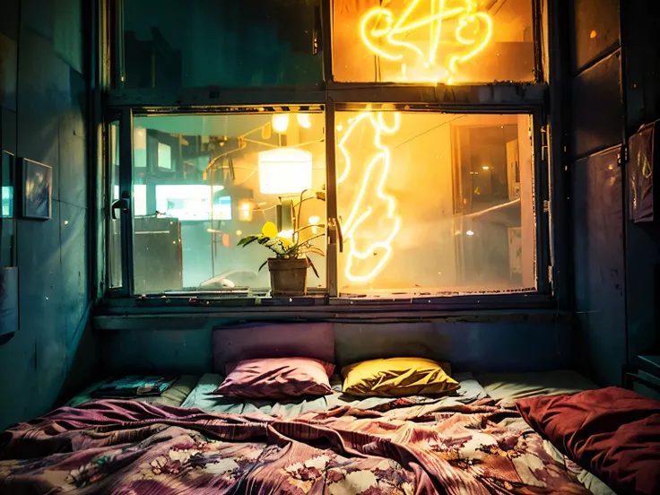 This a (((masterpiece))). Generate a cozy bedroom with a large window directly in front of the camera. The bedroom should be cool and peaceful, with retro furnishings and accessories. Through the window is brilliant cyberpunk city awash with neon light and...