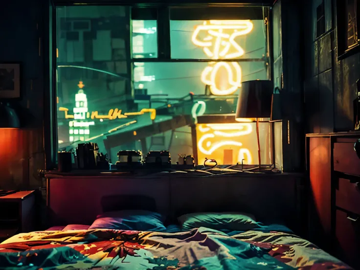 This a (((masterpiece))). Generate a cozy bedroom with a large window directly in front of the camera. The bedroom should be cool and peaceful, with retro furnishings and accessories. Through the window is brilliant cyberpunk city awash with neon light and...