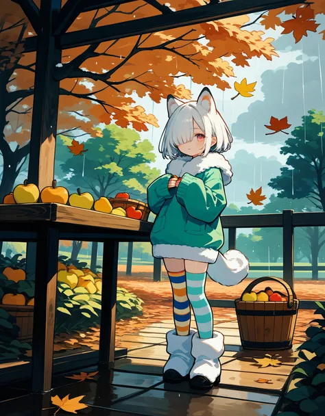 score_10,score_9_up,score_8_up,score_7_up, hadrian,very strong contrast, dramatic Lighting,very high detailed,very gorgeous and complicated background, 1girl,standing,full body,autumn,autumn festival,autumn theme,autumn leaves,rain,fruit,apple,pear,basket,...