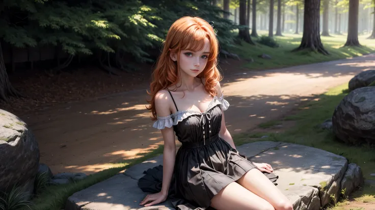 8k, masterpiece, lolita, ginger hair, ginger eyebrows, shes looking at us, bare shoulders ,delicate legs, black skirt, looking at the viewer, Looks straight into your eyes, her gaze is directed at you,Sunlit, Frolicking happily, small smile, colorful Dress...