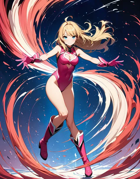 ((masterpiece)), ((best quality)), ((high res)), 1girl, solo, solo focus. (leotard, matching leotard, solid pink leotard, sleeveless), (cleavage heart cutout), (bare legs). pink gloves. pink footwear, knee boots, matching boots. looking at the viewer, blue...