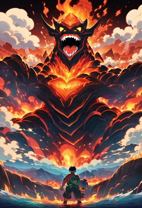 an Asian boy riding on the back of a giant Lava Demon, with fire and smoke billowing from its body. The background is set in volcanic landscapes with erupting volcanoes and flowing rivers. Its in the style of Pixar animation, showcasing vibrant colors and ...