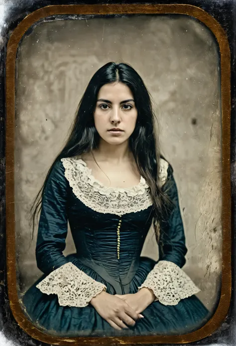 (daguerreotype photo)), medium shot, high resolution of 1 beautiful young Spanish woman, long hair, antique clothing, victorian clothing, low neckline, background of an old house salon, (scratched daguerreotype), focus on face, perfect simetrical eyes