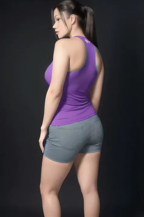 shapely woman in a purple blouse and blue shorts standing, back view, full body centered, rear photo, back view, side pose, looking to the side!, back photo, side view, arched back, back pose, posed profile, rear view, 3/4 side view, right side profile. Sh...