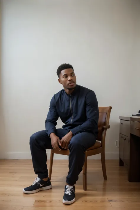 ((best quality)), ((masterpiece)), (detailed), perfect face Black Man, blue jumpsuit, sitting on chair, thin, full body, no background, front view
