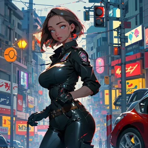 A female cop in a very eye-catching, sexy uniform patrols the streets of Bangkok at night, exuding confidence and friendliness. The uniform fits her perfectly, accentuating her curves. She wears a fitted, black leather jacket with a reflective badge that c...