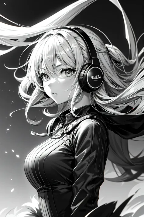 line art, best quality, super fine, monochrome, portrait, anime girl, wearing headphones, looking at viewer, fantasy image, fantastic and mysterious, wind, wind effect, motion blur, action lines, lines quick