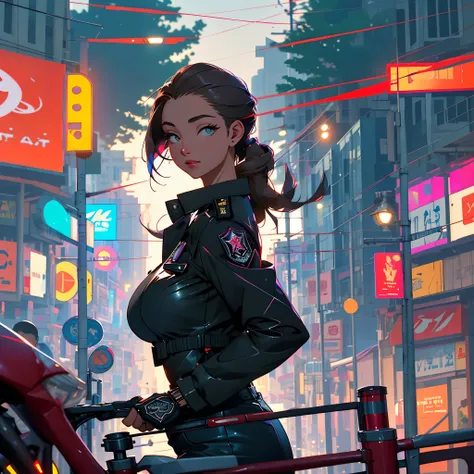 A female cop in a very eye-catching, sexy uniform patrols the streets of Bangkok at night, exuding confidence and friendliness. The uniform fits her perfectly, accentuating her curves. She wears a fitted, black leather jacket with a reflective badge that c...