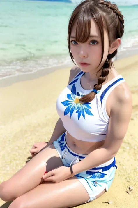 Excellent, masterpiece, japanese girl, brown hair, blue eyes, transparent semi-wet crop top, flower-patterned shorts, look up, upper body, hair , white skin , side braid , gigantic braests, sitting on the beach , shining thighs