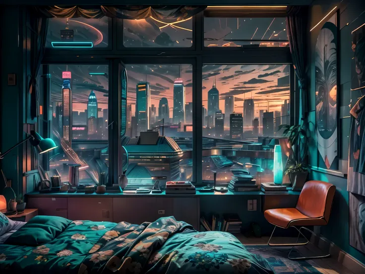 This a (((masterpiece))). Generate a cozy bedroom with a large window directly in front of the camera. The bedroom should be cool and peaceful, with retro furnishings and accessories. Through the window is brilliant cyberpunk city awash with neon light and...